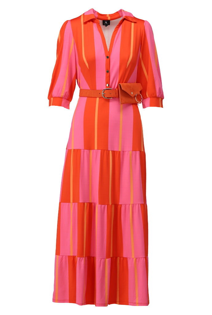 K-design - Gestreepte maxi dress met volant en bijpassende riem met tasje (Y381) - What Els!