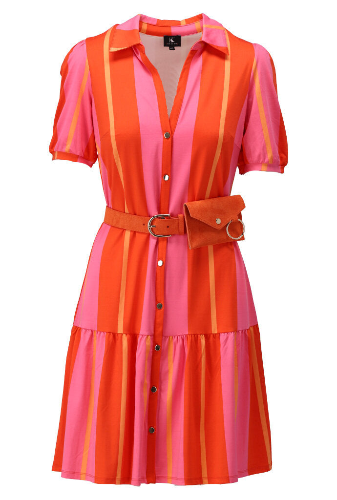 K-design - Gestreepte mini dress met knopen, volant en bijpassende riem met tasje(Y382) - What Els!