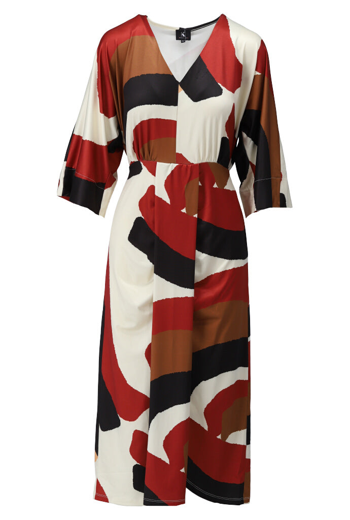 K-design - Midi dress met V-hals, print en plooi (Y386) - What Els!