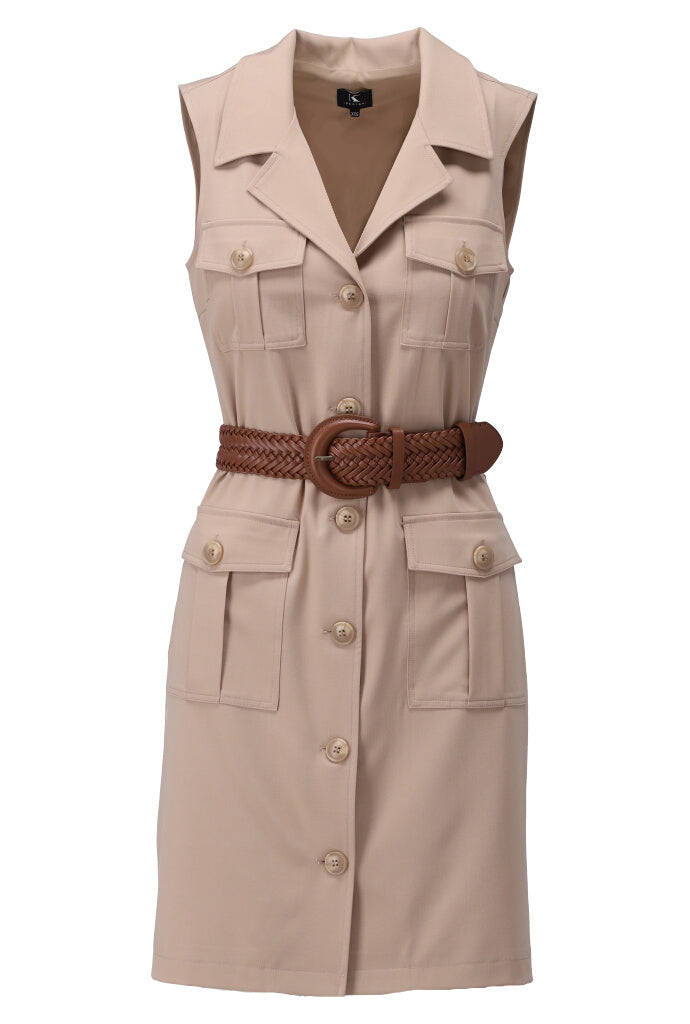 K-design - Mini dress/gilet in safaristyle met zakjes en gevlochten riem (Y659) - What Els!