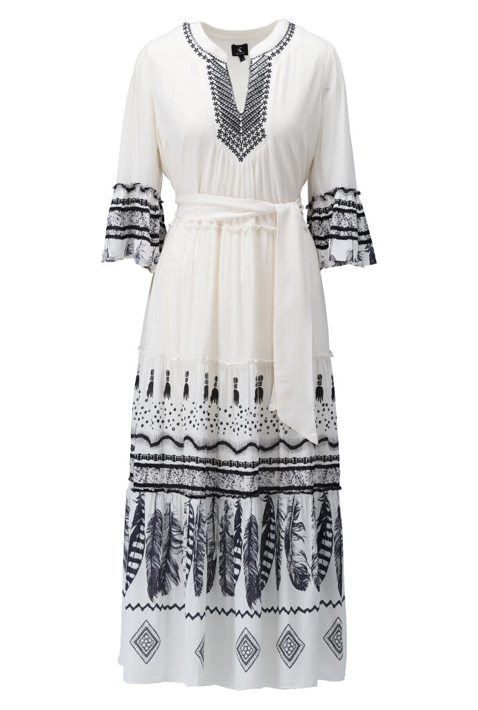 K-design - Maxi dress boho met volant en stoffen riem (Y712) - What Els!