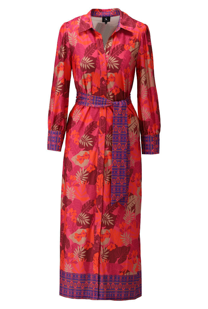 K-design - Maxi dress met print, knopen en stoffen riem - What Els!