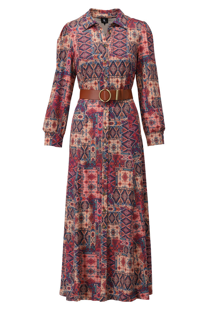 K-design - Maxi dress met print, knopen en bijpassende riem - What Els!