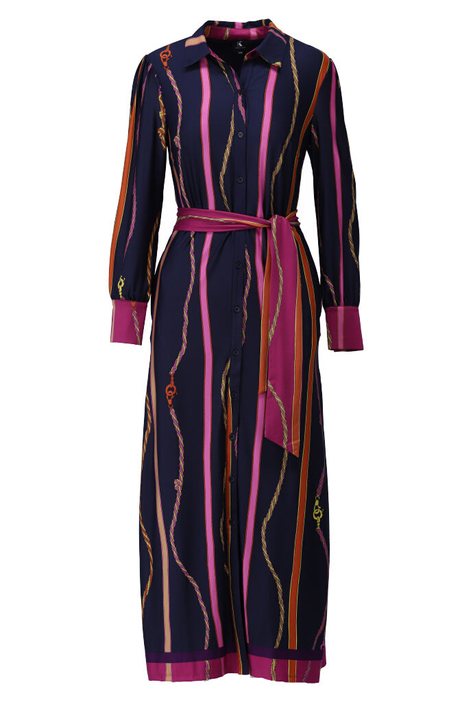 K-design - Maxi dress met print, knopen en stoffen riem - What Els!