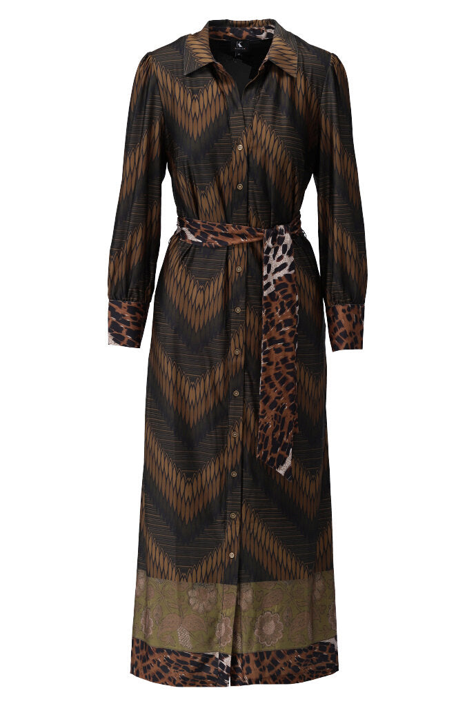 K-design - Maxi dress met print, knopen en stoffen riem - What Els!