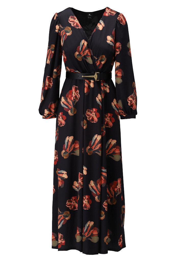 K-design - Maxi dress crossover met print, plooi en bijpassende riem - What Els!
