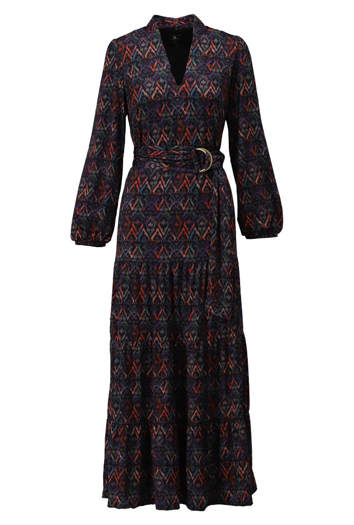 K-design - Maxi dress met print, volants en stoffen riem - What Els!