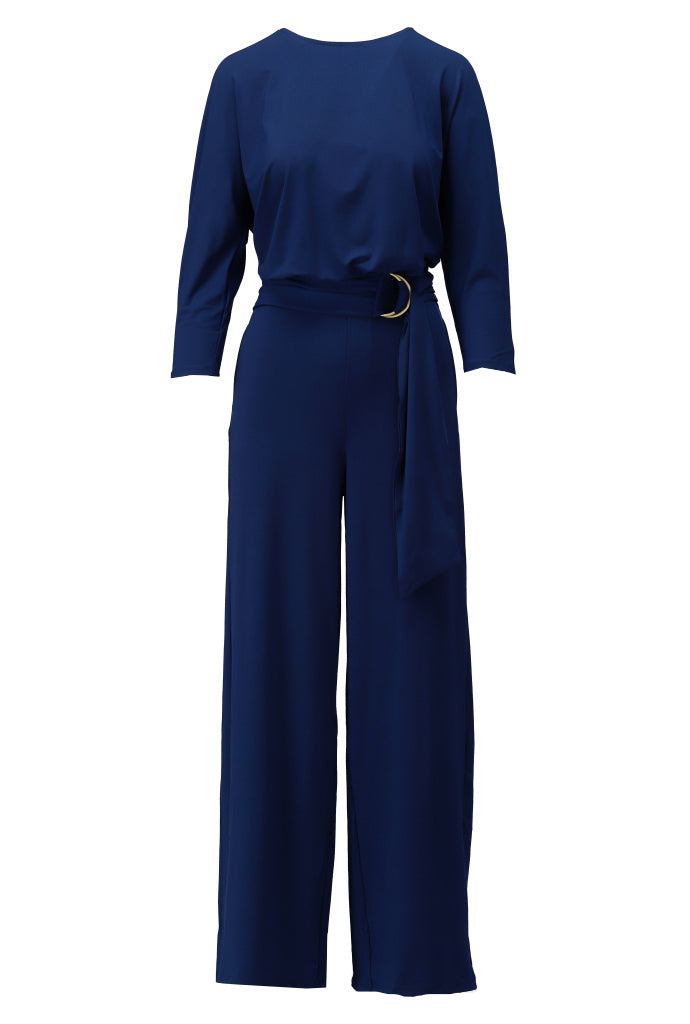 K-design - Effen jumpsuit met ronde hals en stoffen riem - What Els!