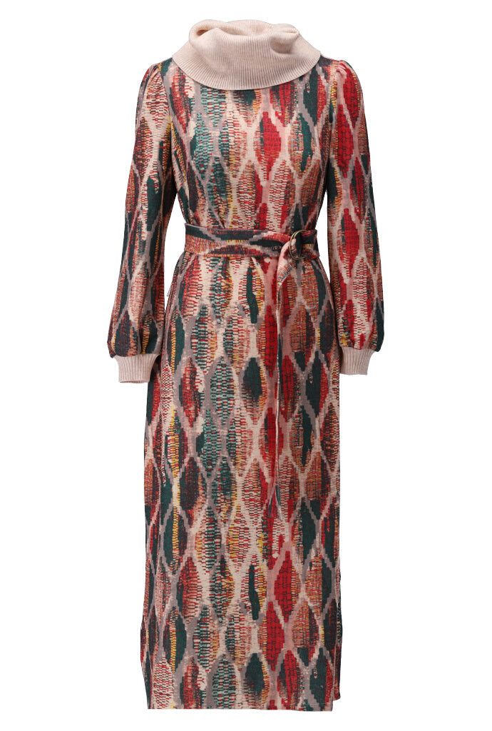 K-design - Maxi dress met print, rolkraag en stoffen riem - What Els!