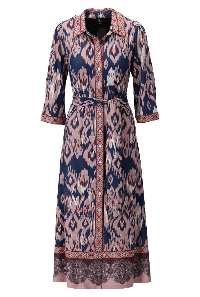K-design - Maxi dress met print, knopen en stoffen riem - What Els!