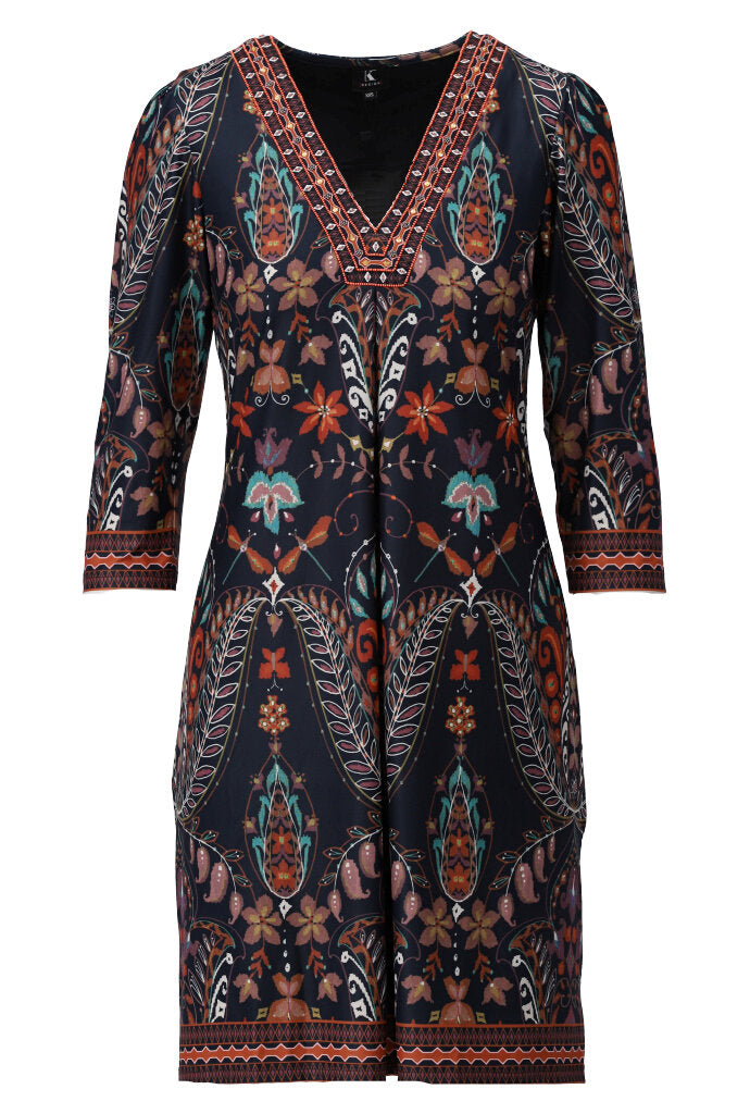 K-design - Mini dress met print, V-hals en kralen - What Els!