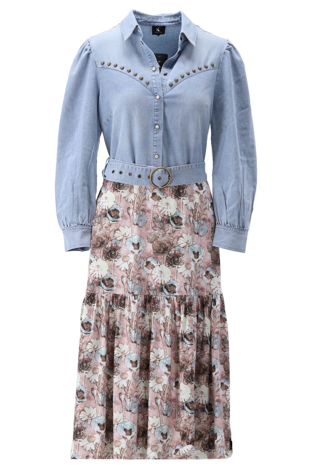 K-Design K-Design - Maxi dress met effen bovenstuk in jeans en riem (V359) - What Els!