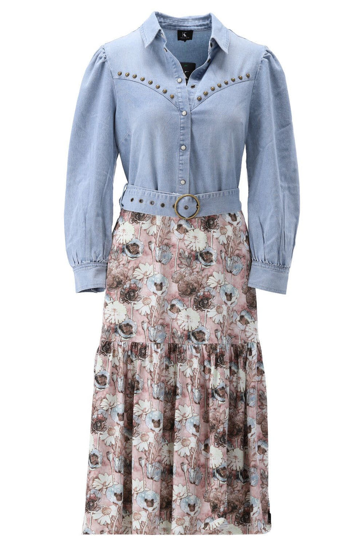 K-Design K-Design - Maxi dress met effen bovenstuk in jeans en riem (V359) - What Els!