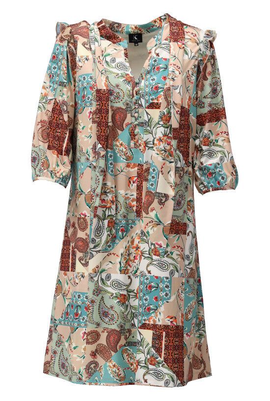 K-Design K-Design -  Mini dress met patchwork print en ruches op de schouders (W232) - What Els!