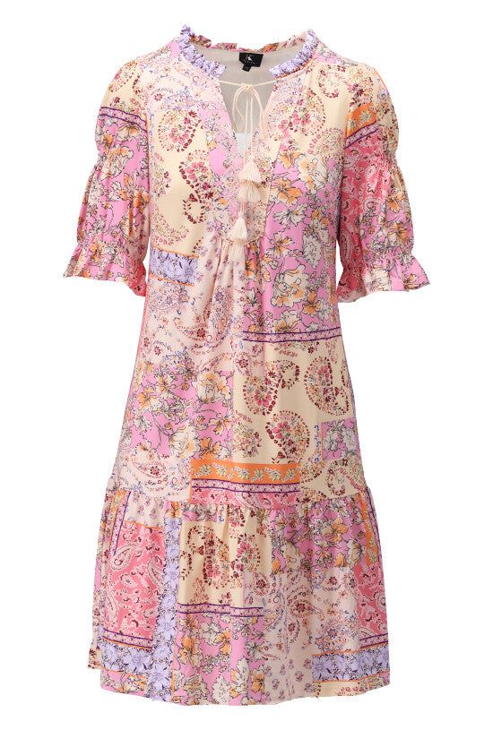 K-Design K-Design - Mini dress met patchwork print, borduursel en kwastjes (W323) - What Els!