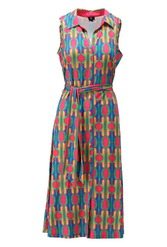K-Design K-Design - Midi dress met retro print en stoffen riem (W363) - What Els!