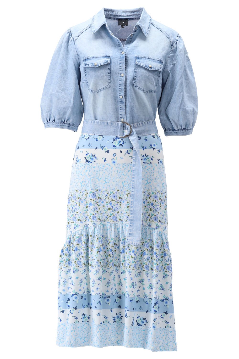 K-Design K-Design - Midi dress met bovenstuk in jeans en pofmouwen (U817) - What Els!