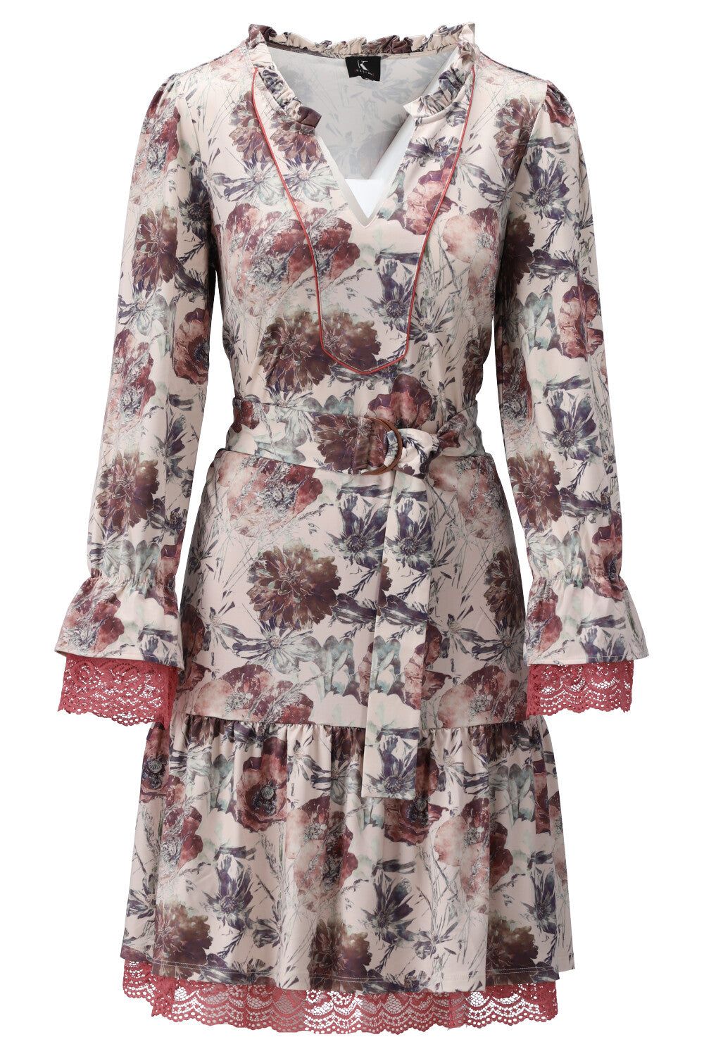 K-Design K-Design - Midi dress met print, kant en riem (V351) - What Els!