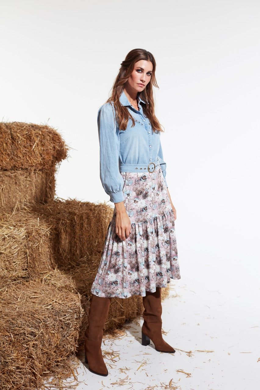 K-Design K-Design - Maxi dress met effen bovenstuk in jeans en riem (V359) - What Els!
